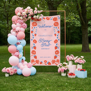 Berry First Birthday Floral Strawberry Welcome  Banner