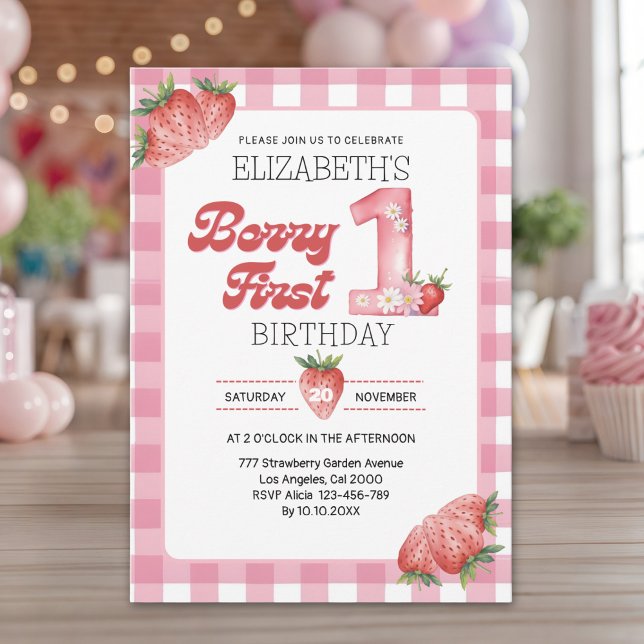 "Berry First Birthday Girl with Strawberry Theme Invitation (Creator Uploaded)