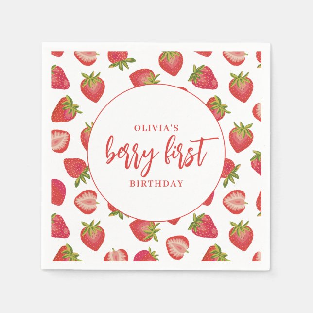 Berry First Birthday Girls strawberry Napkin (Front)