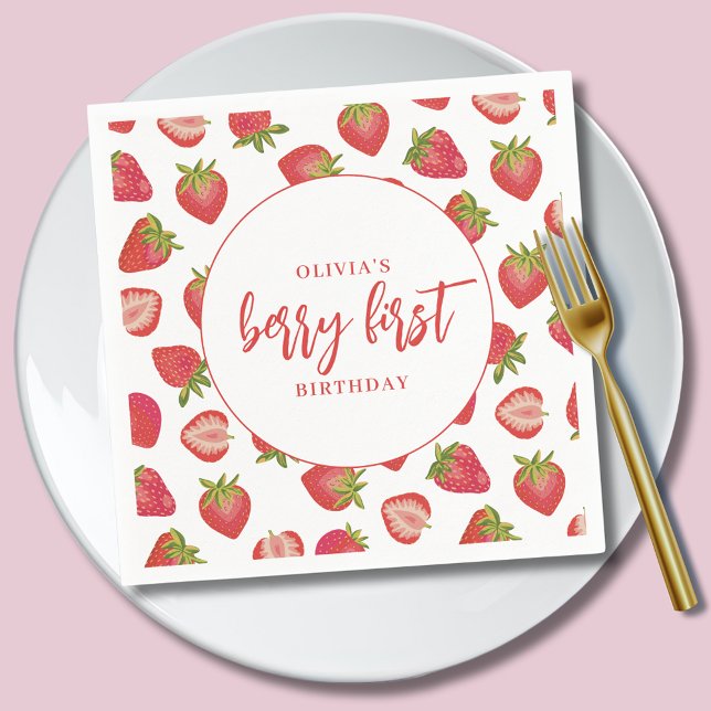 Berry First Birthday Girls strawberry Napkin (Personalised girls paper napkins for berry first birthday party.)