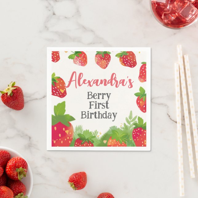 Berry First Birthday Girls Strawberry Personalised Napkin (Insitu)