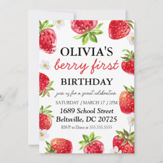 Berry First Birthday Invitation Modern Strawberry