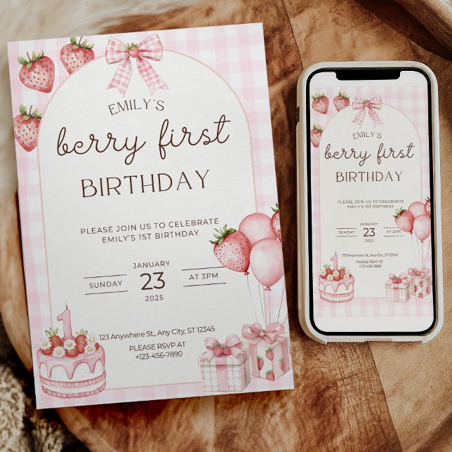 Berry First Birthday Invitation Pink Gingham (Creator Uploaded)