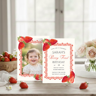 Berry First Birthday Invitation Red Lace Photo
