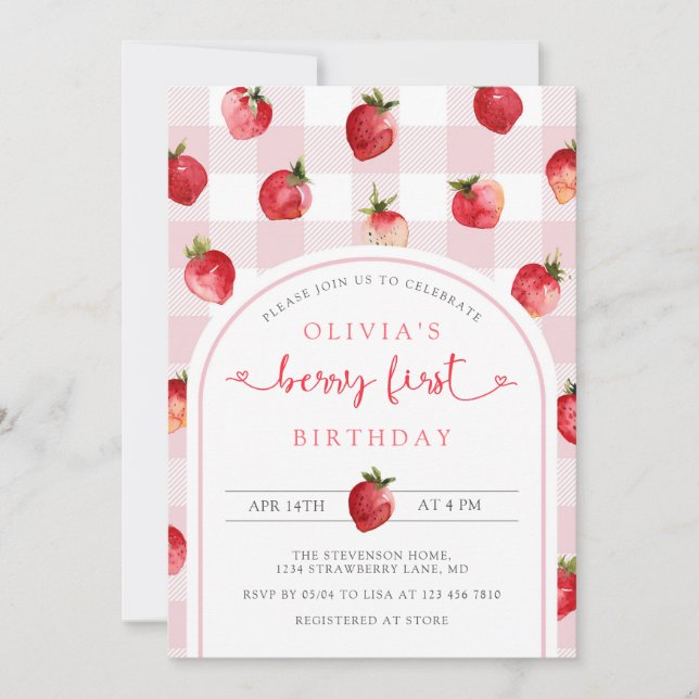 Berry First Birthday Invitation | Strawberries (Front)