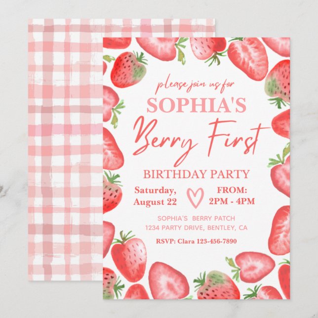 Berry First Birthday Invitation | Strawberry (Front/Back)