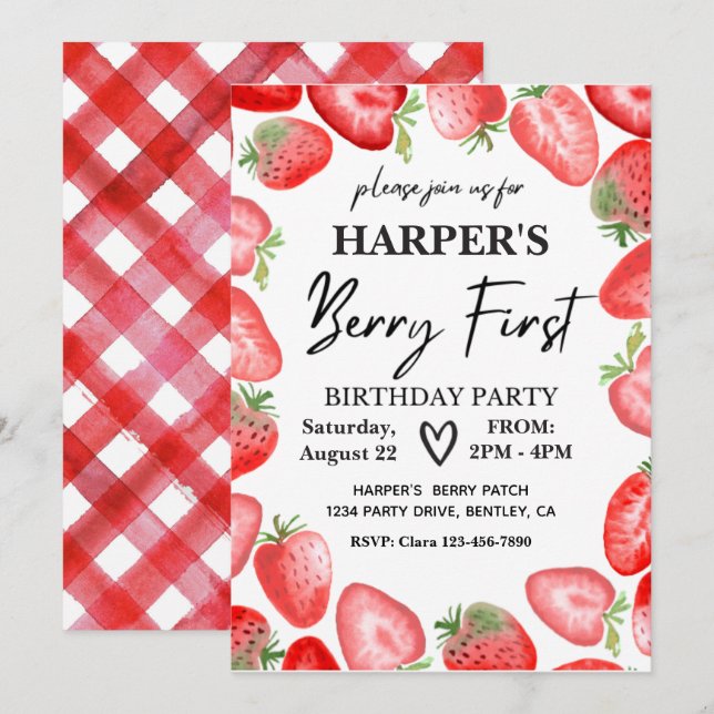 Berry First Birthday Invitation | Strawberry (Front/Back)