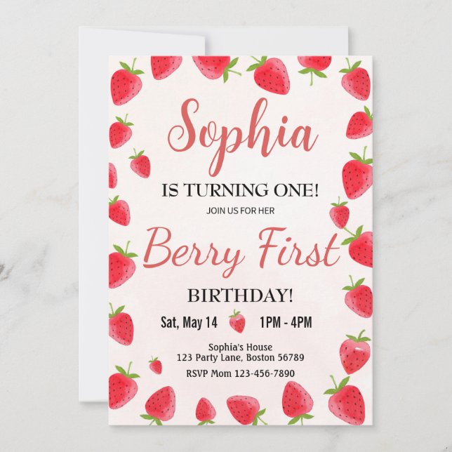 Berry First Birthday Invitation Strawberry Invite (Front)