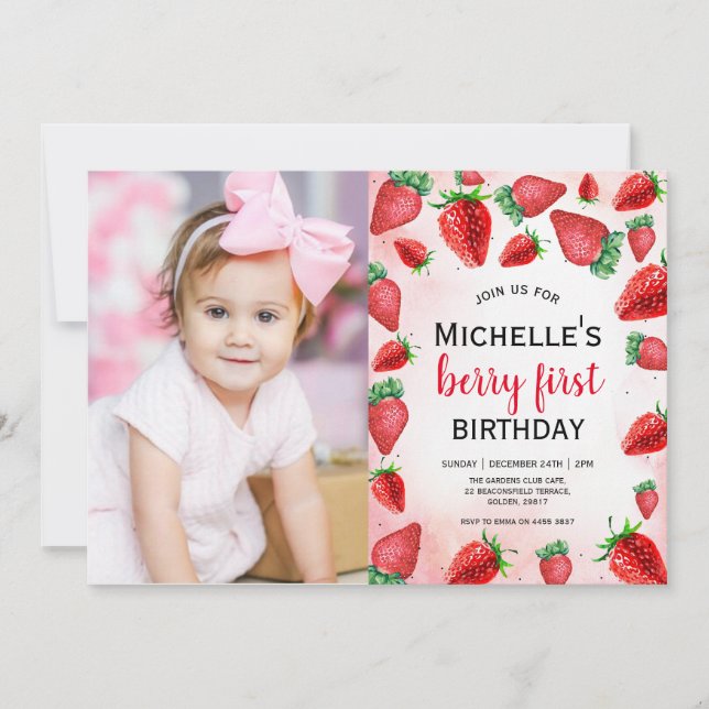 Berry First Birthday Invite, Strawberry Birthday  Invitation (Front)