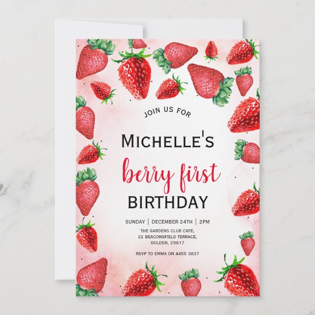 Berry First Birthday Invite, Strawberry Birthday  Invitation (Front)
