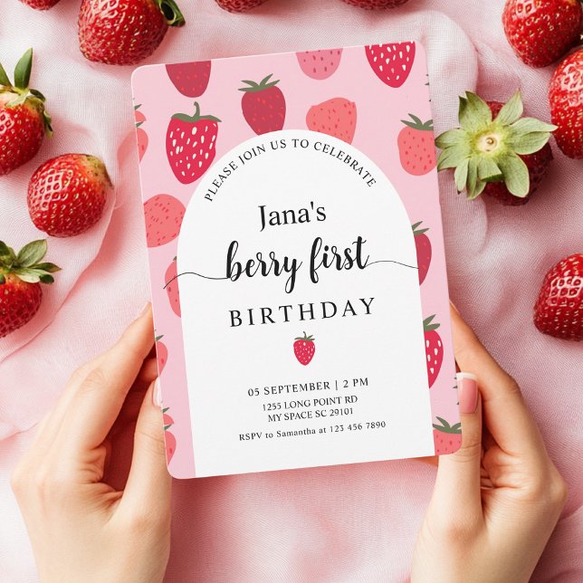 Berry First Birthday Party | Red & Pink Strawberry Invitation (Creator Uploaded)