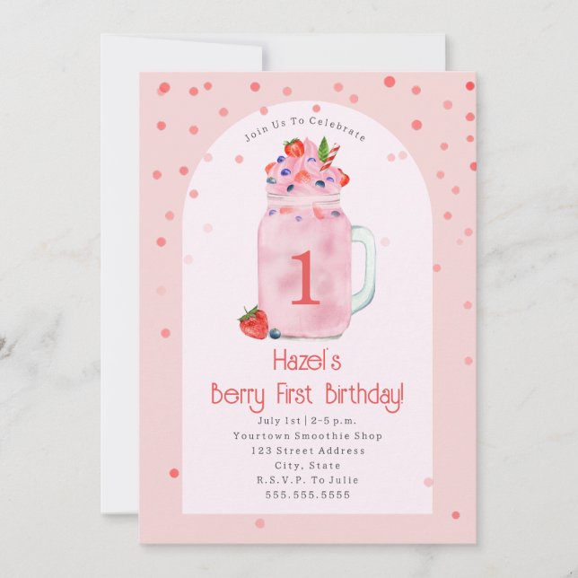 Berry First Birthday Party Smoothie Pink Invitation (Front)