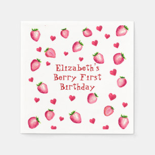 Berry First Birthday Party Strawberry Hearts Napkin