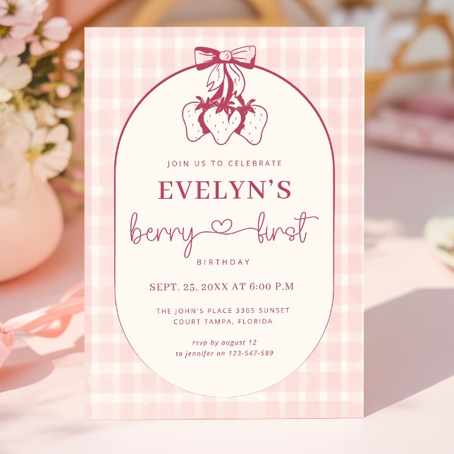 Berry First Birthday Pink Bow 1st Birthday Invitation (Creator Uploaded)