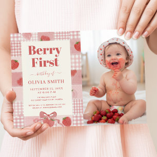 Berry First Birthday Pink Bow Cute Photo Invitation
