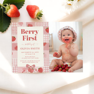 Berry First Birthday Pink Bow Photo 1st Birthday Invitation