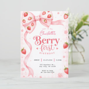 Berry First Birthday Pink Bow Strawberry Invitation