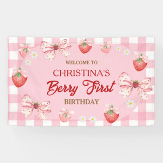 Berry first birthday pink gingham strawberry girl banner