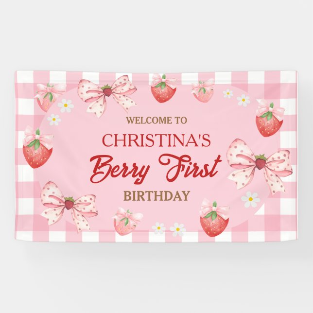 Berry first birthday pink gingham strawberry girl banner (Horizontal)