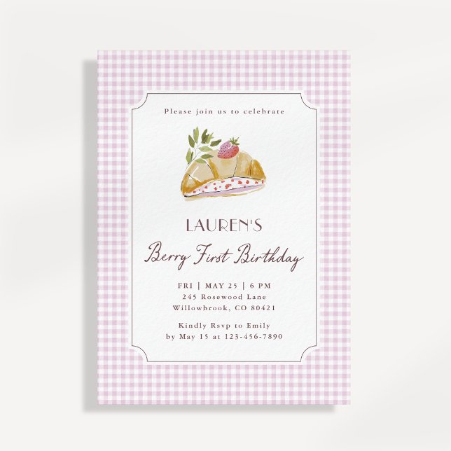 Berry First Birthday Pink Gingham Strawberry Invitation (Creator Uploaded)