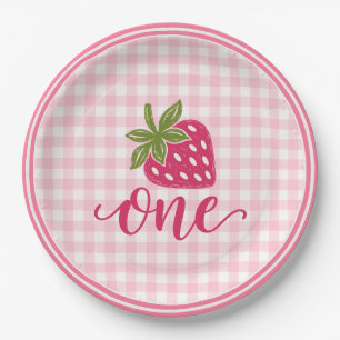 Berry First Birthday Pink Gingham Strawberry Paper Plate