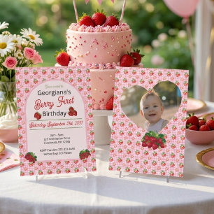 Berry First Birthday Pink Gingham Strawberry Photo Invitation