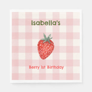 Berry First Birthday Pink & Plaid Party Napkins