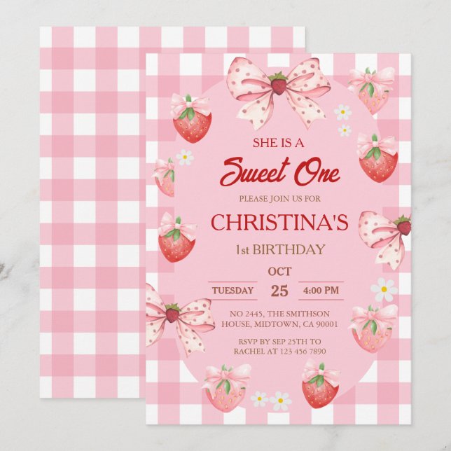 Berry first birthday pink strawberry gingham girl invitation (Front/Back)