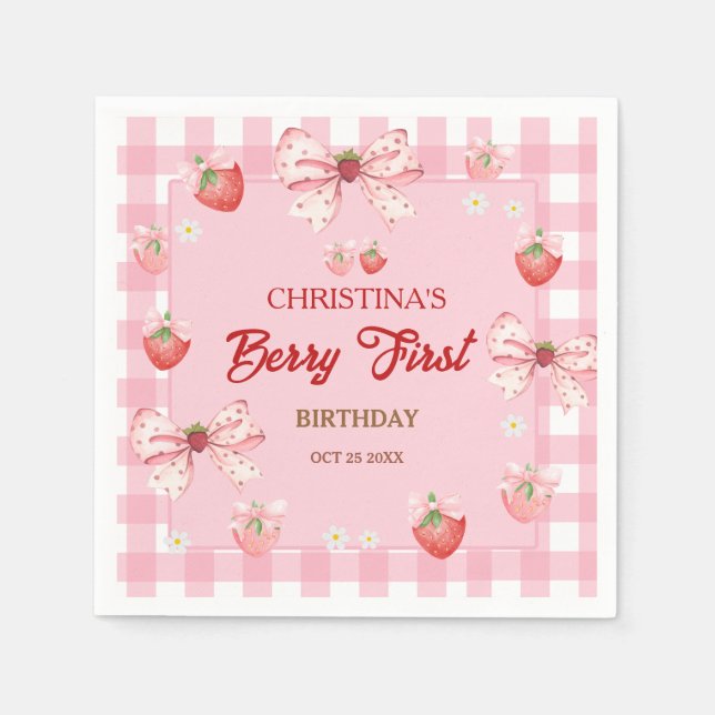Berry first birthday pink strawberry gingham girl napkin (Front)