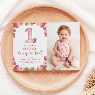 Berry First Birthday Pink Watercolor Baby Photo Invitation