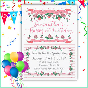 Berry First Birthday Pink White Strawberry  Invitation
