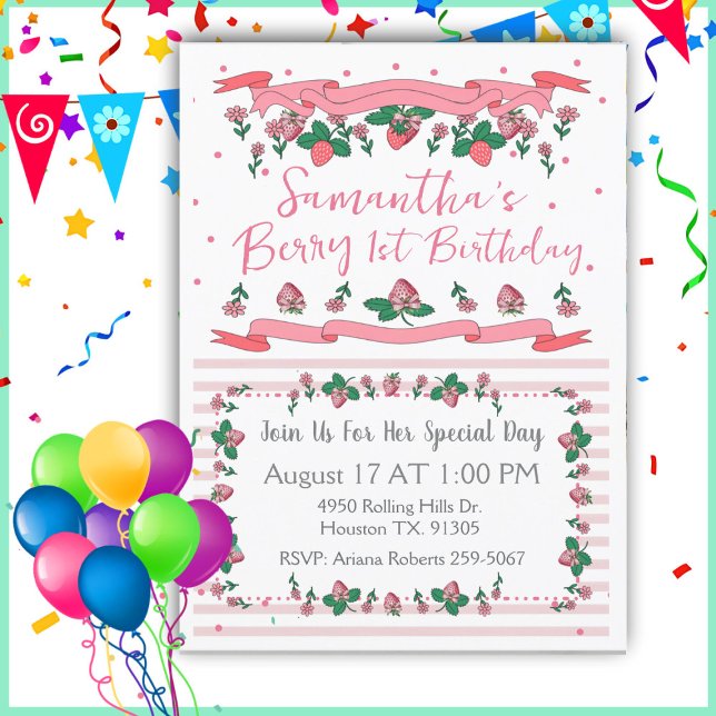 Berry First Birthday Pink White Strawberry  Invitation (Creator Uploaded)