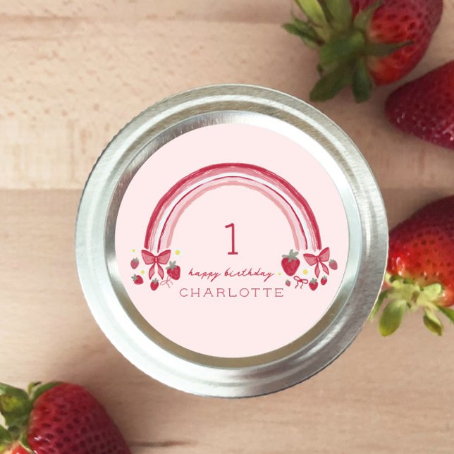 Berry First Birthday Rainbow Strawberry Bows Classic Round Sticker (Creator Uploaded)