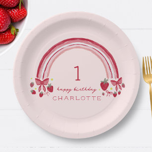 Berry First Birthday Rainbow Strawberry Bows Paper Plate