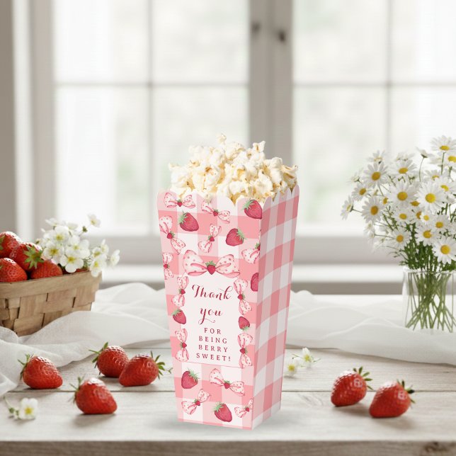 Berry First Birthday Red Gingham Bows Square Favour Box (Berry First Birthday Red Gingham Bows Square Favor Boxes - Popcorn )