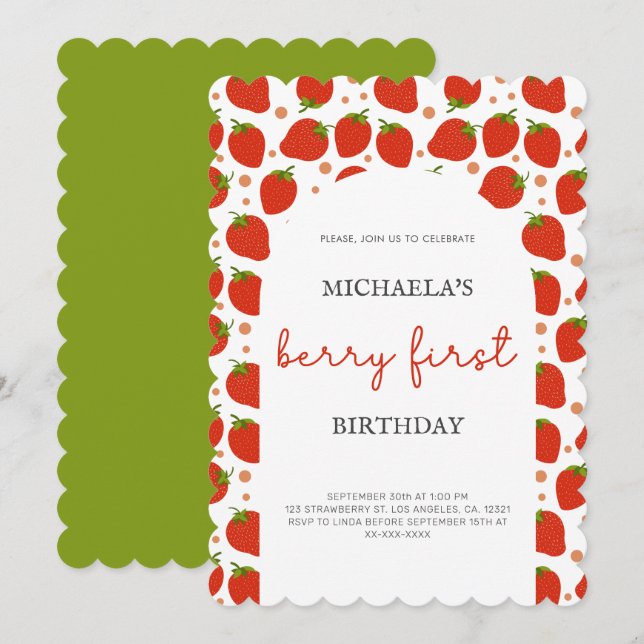Berry First Birthday Red Strawberries Scallop Invitation (Front/Back)