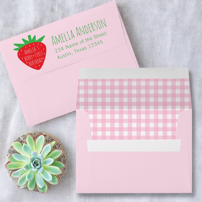 Berry First Birthday Red Strawberry Pink Gingham   Envelope (Creator Uploaded)