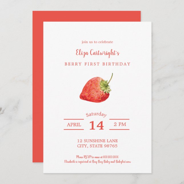 Berry First Birthday Simple Strawberry Invitation (Front/Back)