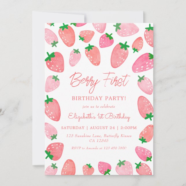 Berry First Birthday Strawberry 1st Birthday Invitation (Front)