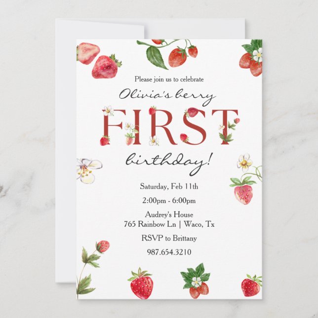 Berry First Birthday Strawberry 1st Birthday Invitation (Front)