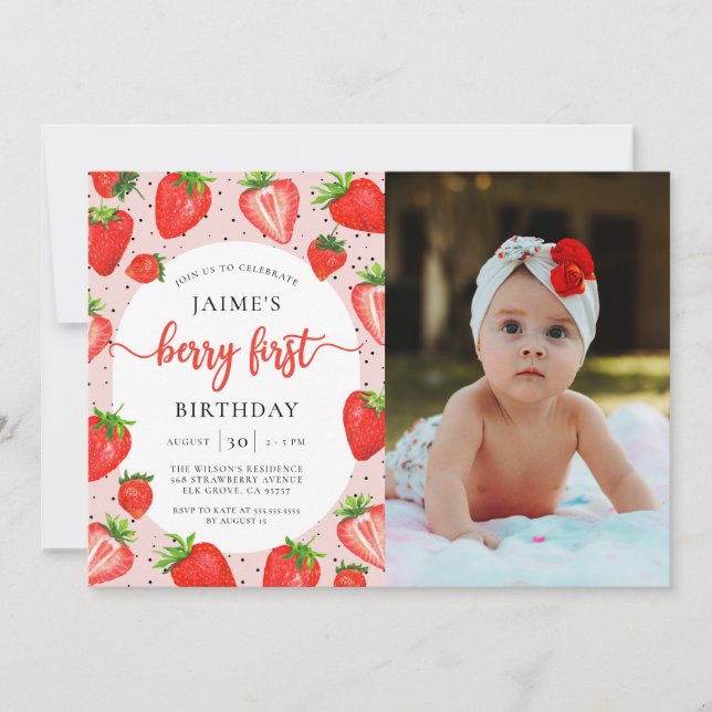 Berry First Birthday Strawberry 1st Birthday Photo Invitation (Front)