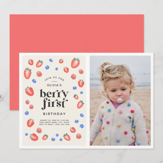 Berry First Birthday Strawberry Birthday  Invitati Invitation (Front/Back)