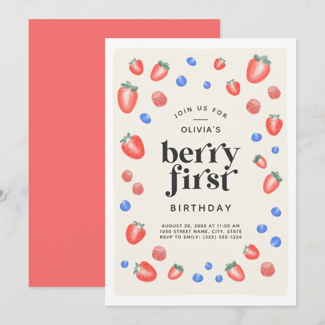Berry First Birthday Strawberry Birthday  Invitation (Front/Back)