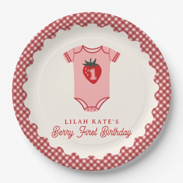 Berry First Birthday Strawberry Bodysuit Paper Plate (Front)