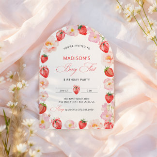 Berry First Birthday Strawberry Bow 1st Birthday Invitation