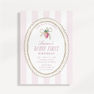 Berry First Birthday Strawberry Bow Pink Stripe Invitation