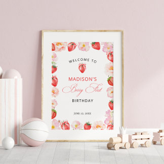 Berry First Birthday Strawberry Bow Welcome Poster