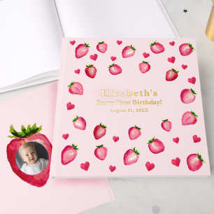 Berry First Birthday Strawberry Custom Photo Gold Guest Book