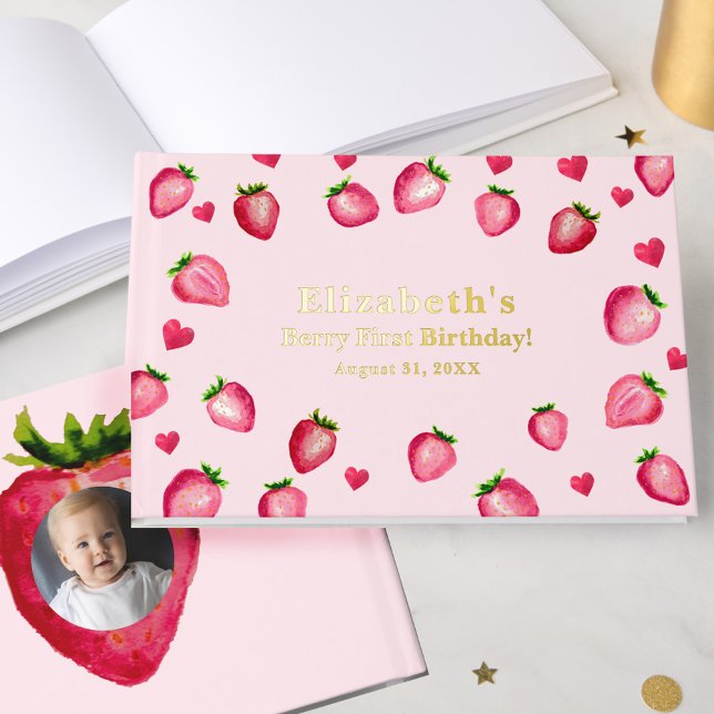 Berry First Birthday Strawberry Custom Photo Gold Guest Book (Creator Uploaded)