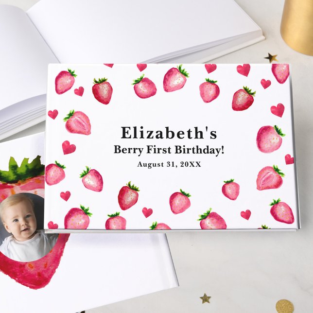 Berry First Birthday Strawberry Custom Photo  Guest Book (Creator Uploaded)
